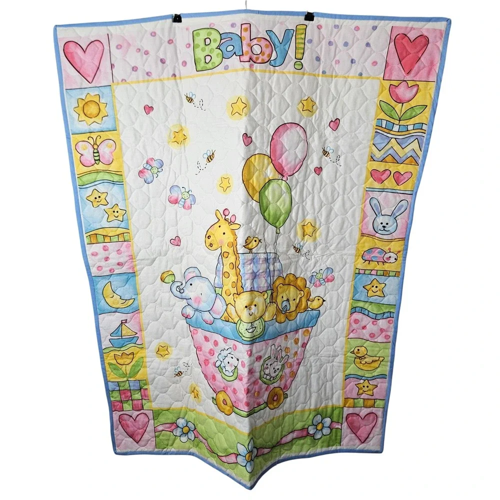 Vintage Style Baby Quilt Noahs‎ Ark Animals Pastel Nursery Blanket 34x43